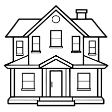 Black and white outline of a two-story house with a front door, windows, and roof