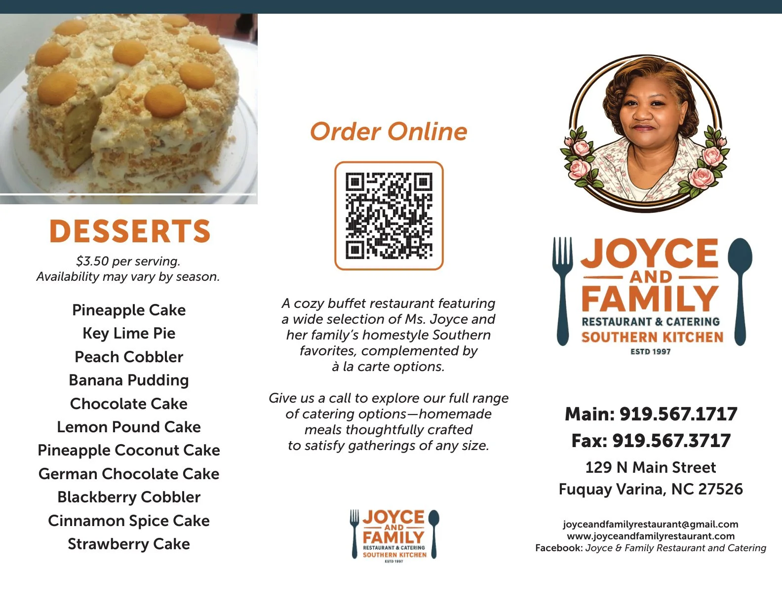 Flyer for Joyce and Family Restaurant & Catering featuring a picture of a layered cake with cream and yellow decorations on a white plate, and a logo with a photograph of a woman surrounded by pink roses.