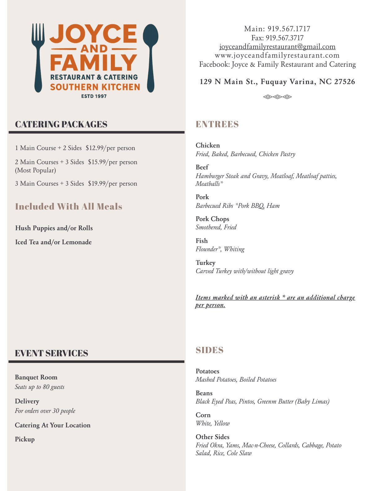 Menu of Joyce and Family Restaurant and Catering featuring catering packages, entrees, sides, event services, with contact information and address in Fuquay Varina, North Carolina.