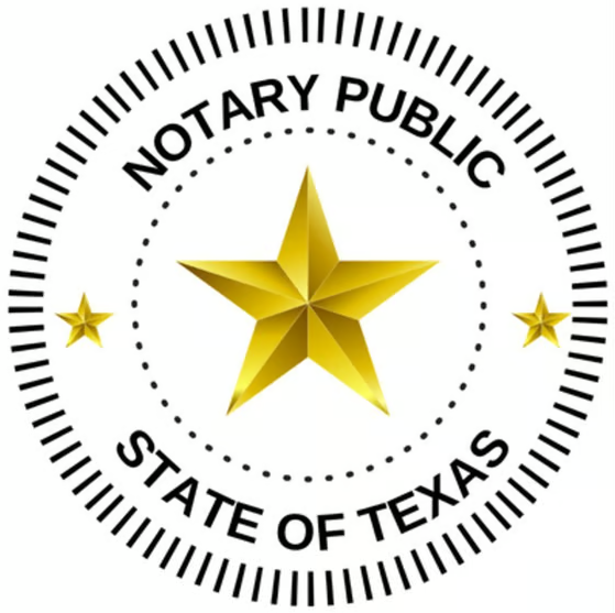 Seal featuring a large gold star in the center, surrounded by the text 'Notary Public' and 'State of Texas' with two smaller gold stars on either side.