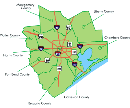 Map of Houston, Texas, showing major highways and neighboring counties including Harris, Montgomery, Liberty, Chambers, Galveston, Brazoria, Fort Bend, Waller, and parts of the surrounding counties.