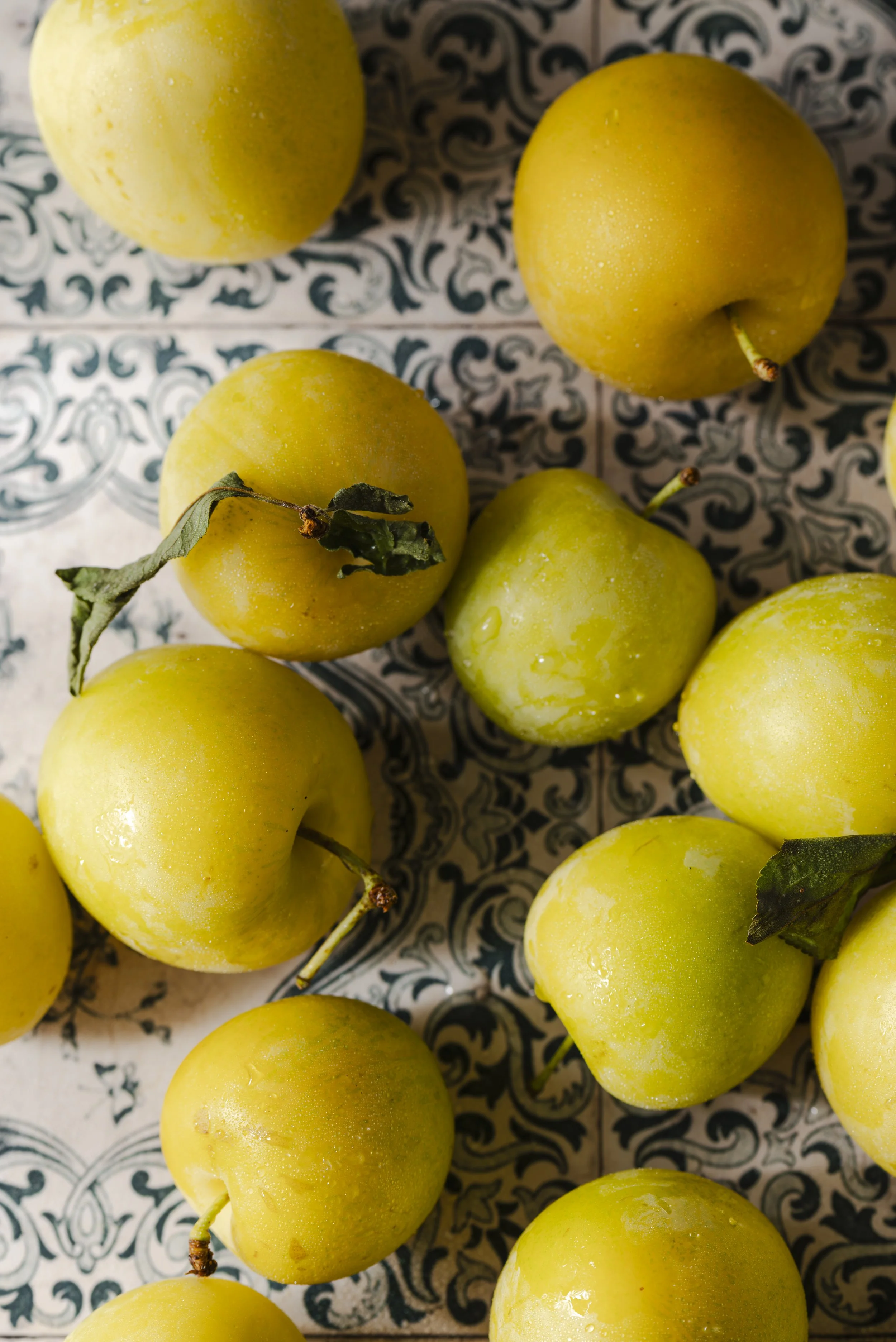 scattered yellow plums on a retro tile surface.jpg