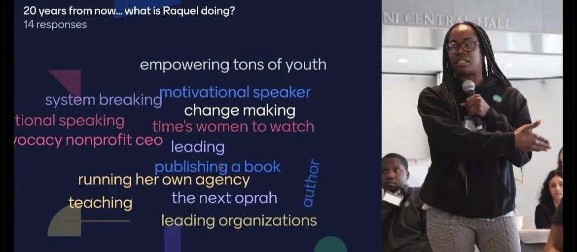 A woman stands holding a microphone during a presentation, with a slide behind her showing responses about Raquel's activities 20 years from now, including empowering youth, motivational speaking, publishing a book, and leading organizations.