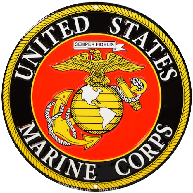 United States Marine Corps emblem with an eagle, globe, and anchor, featuring a banner with the motto "Semper Fidelis" at the top.