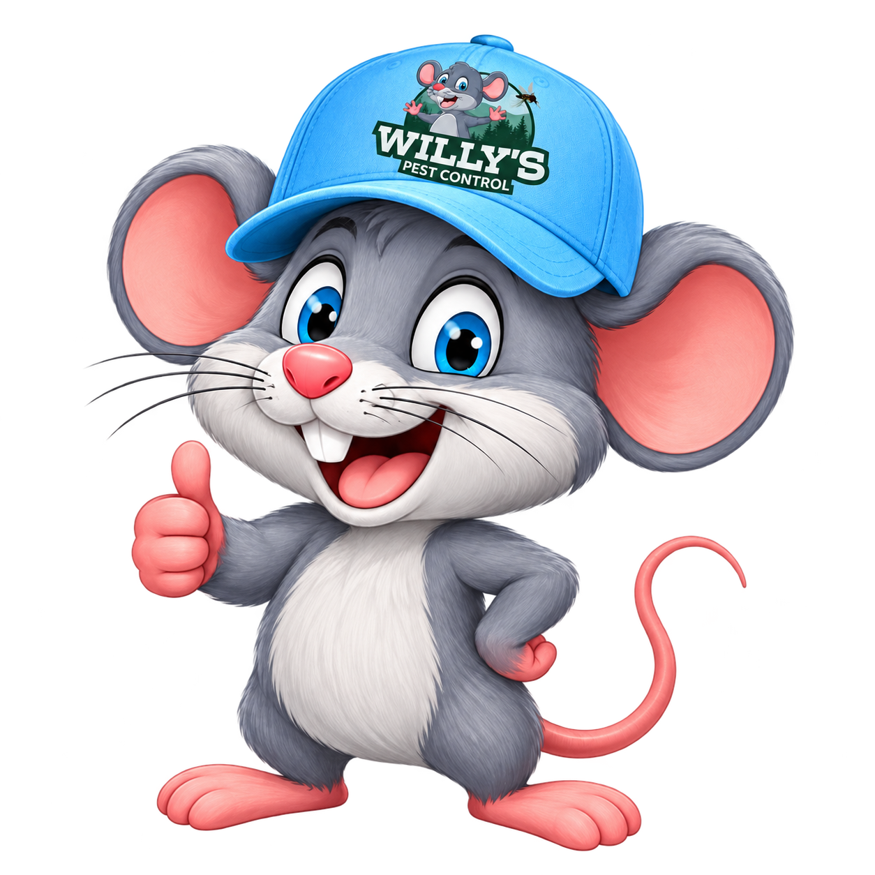 Willy’s Pest Control mascot wearing the official light-blue logo hat.