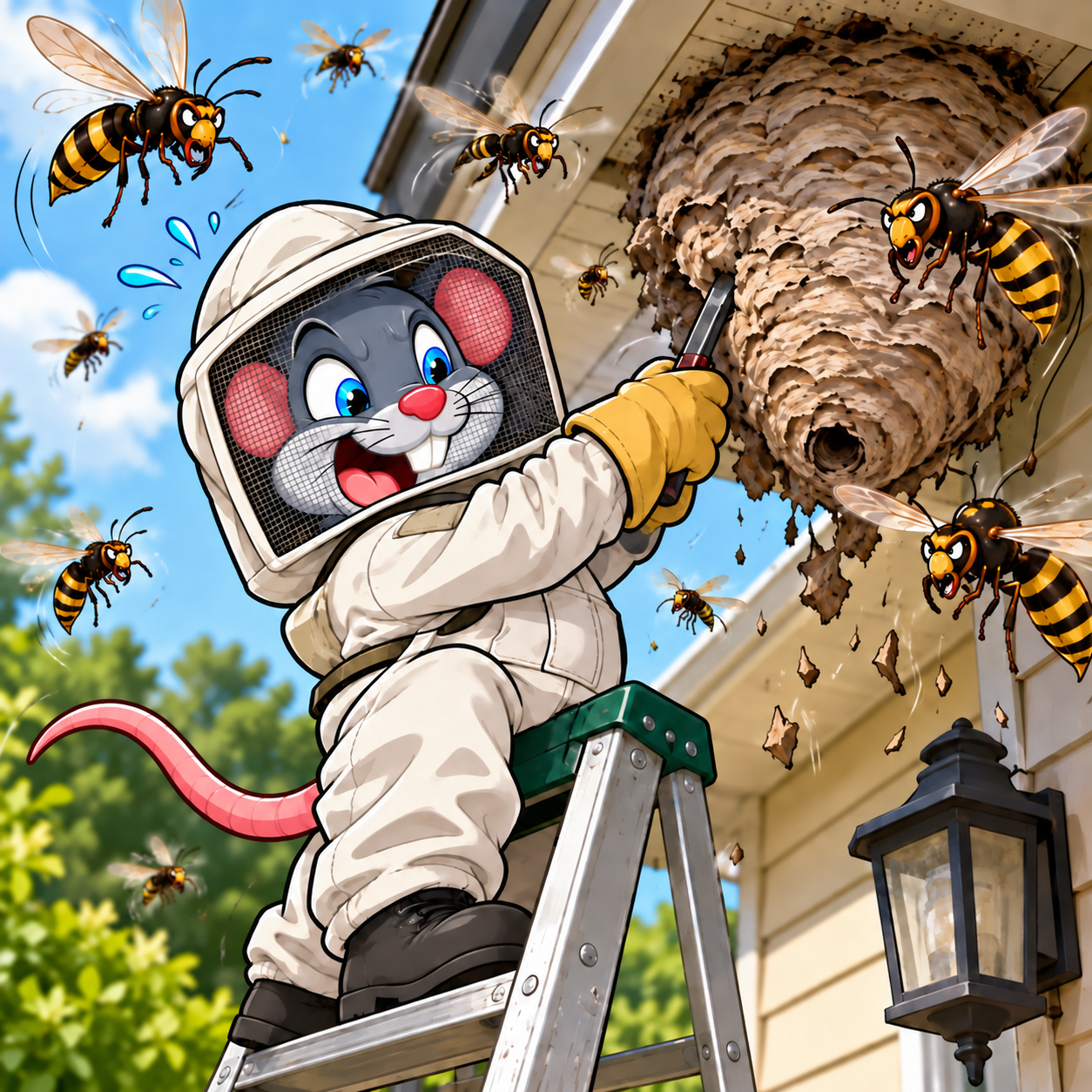 Willy’s Pest Control mascot in protective gear treating a large wasp or hornet nest.