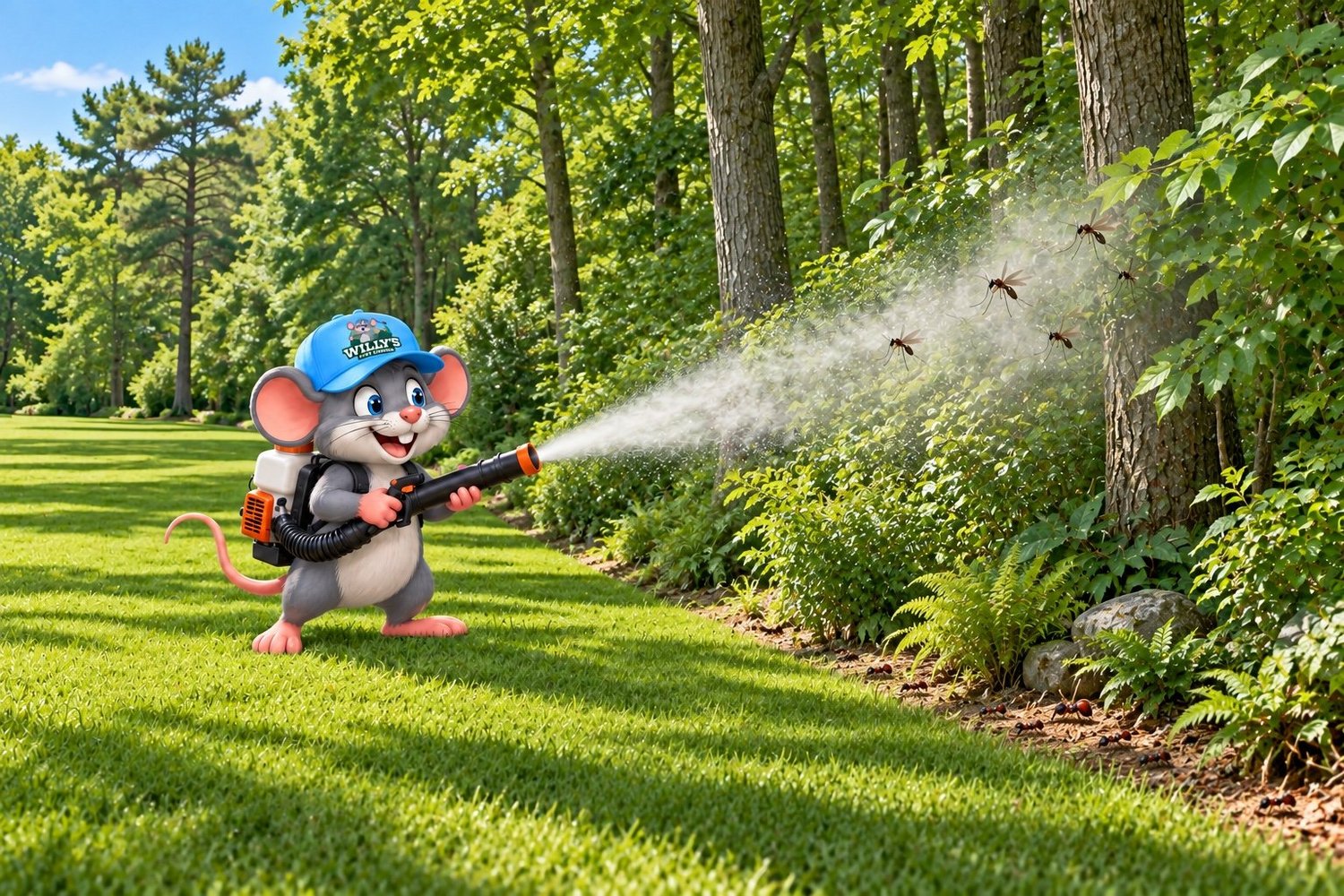 Willy’s mascot treating a treeline for outdoor pests.