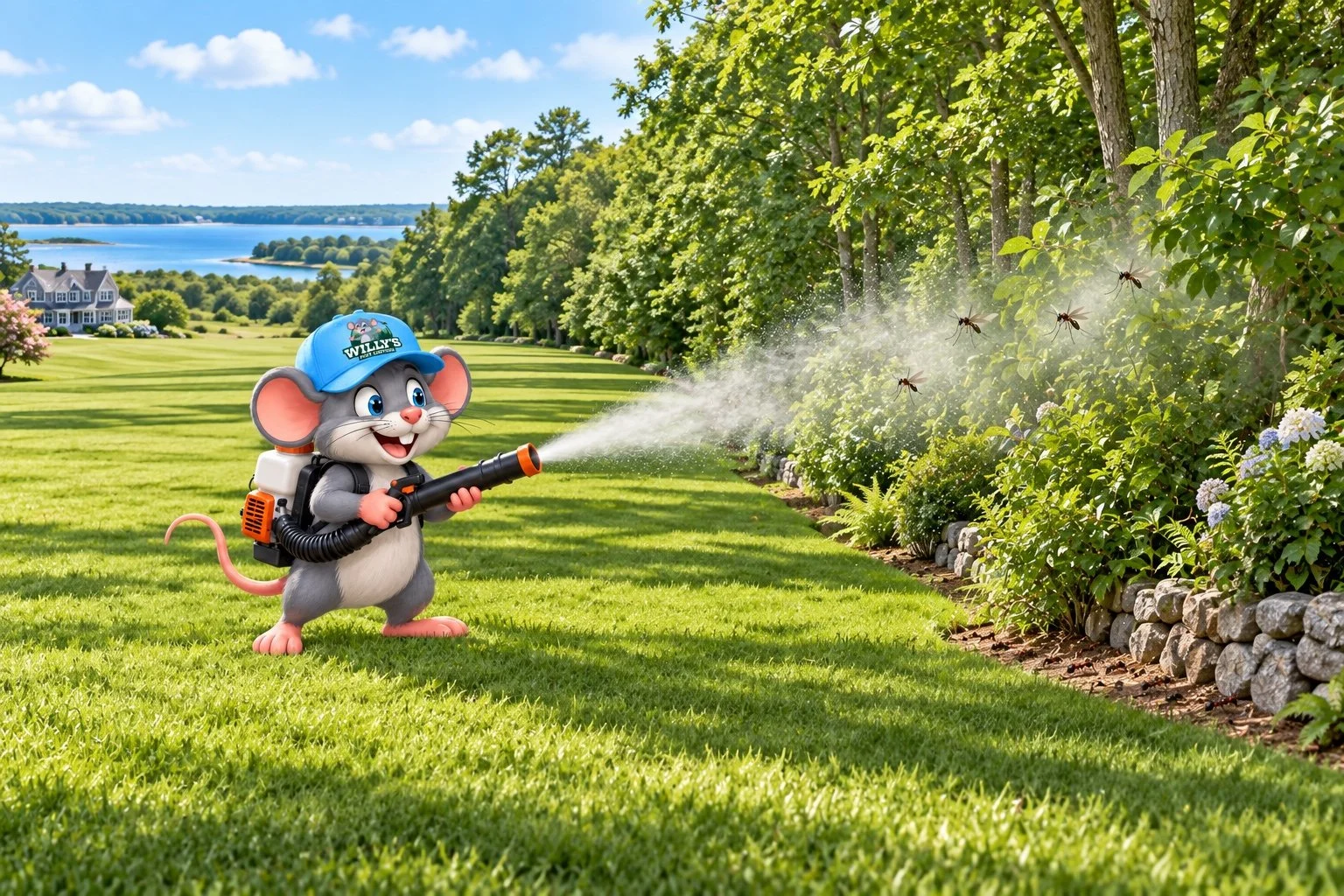 Willy’s Pest Control mascot treating a Rhode Island tree line for spotted lanternflies and outdoor pests.
