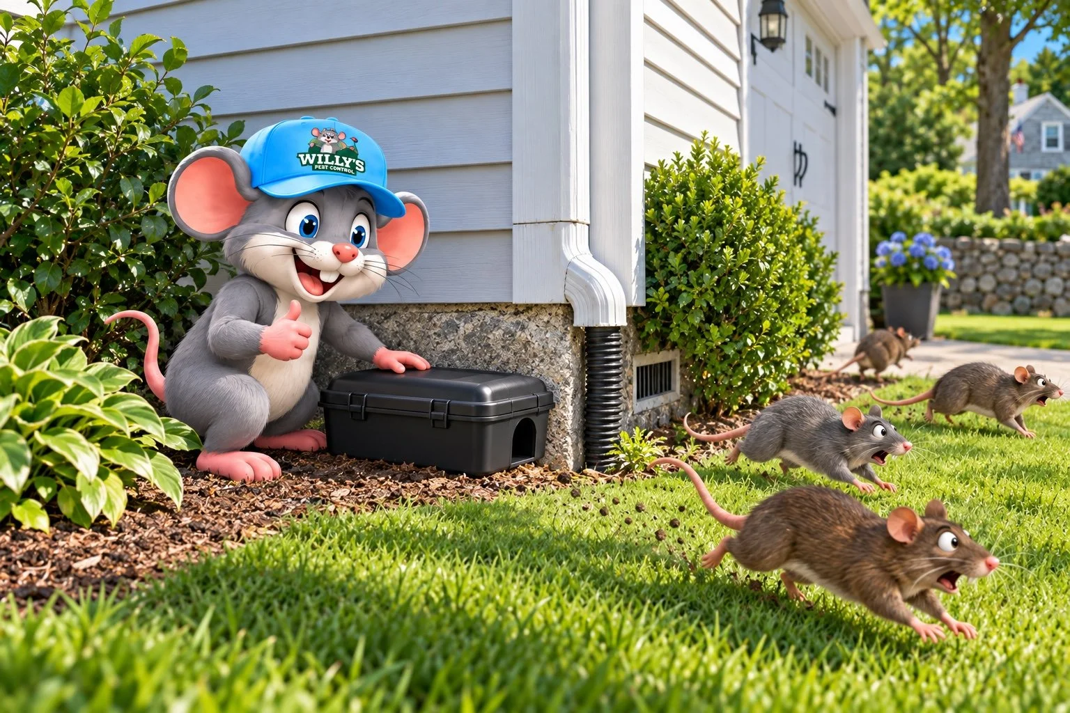 Willy’s Pest Control mascot with an exterior rodent station for professional mice and rat control.