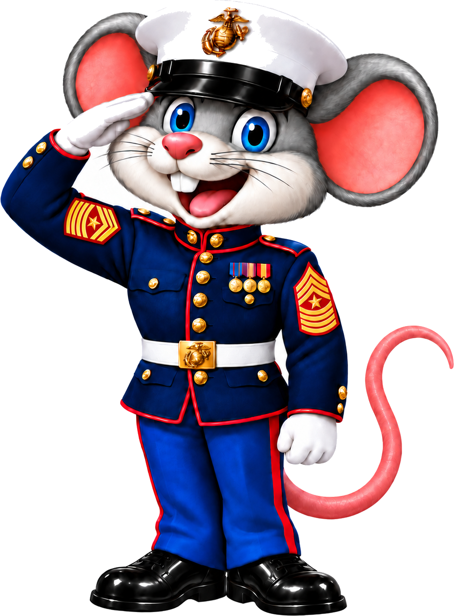 Willy’s gray mouse mascot saluting in U.S. Marine Corps dress blues and a white cover.