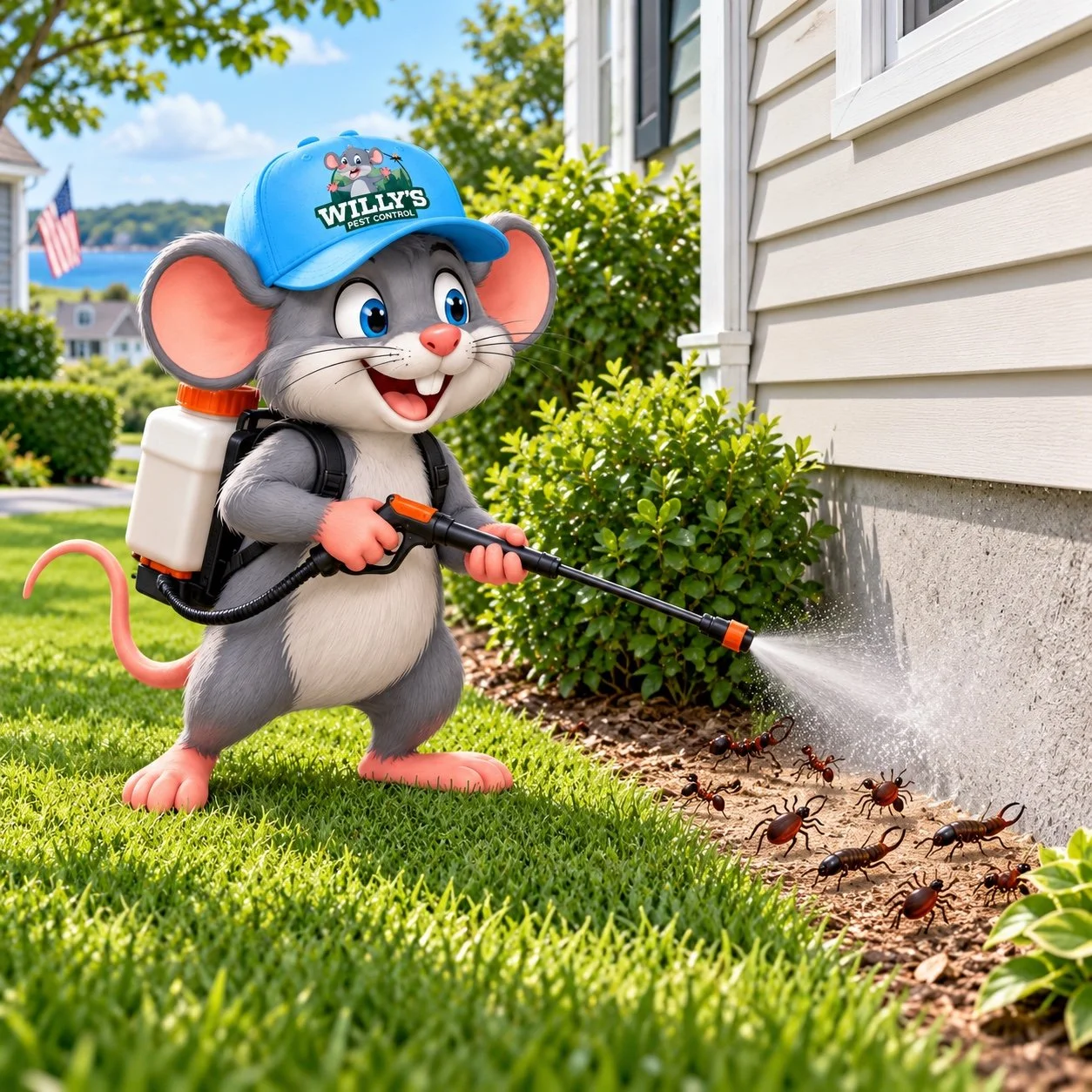 Willy’s mouse mascot spraying a house foundation near ants.