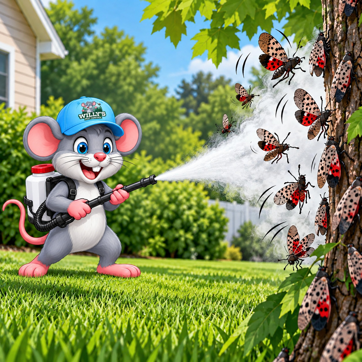 Willy’s Pest Control mascot spraying spotted lanternflies on a tree in a Rhode Island yard.