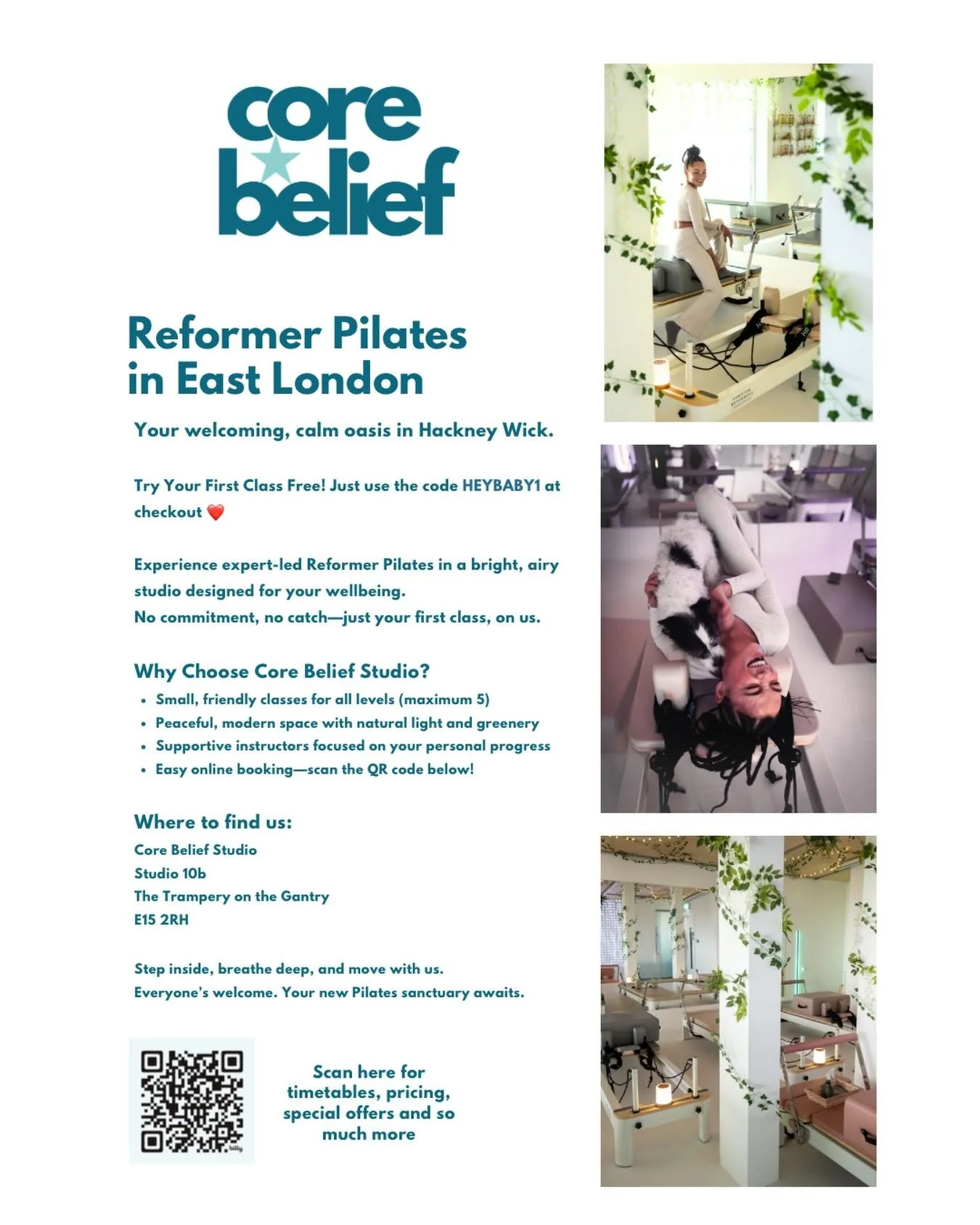 Reformer Pilates in East London 💫
Your calm little oasis in Hackney Wick is officially open.
 Think small classes (max 5), expert instructors, sunlight, greenery and that &ldquo;ahhh&rdquo; feeling when you walk in.
✨ Try your FIRST CLASS FREE with 