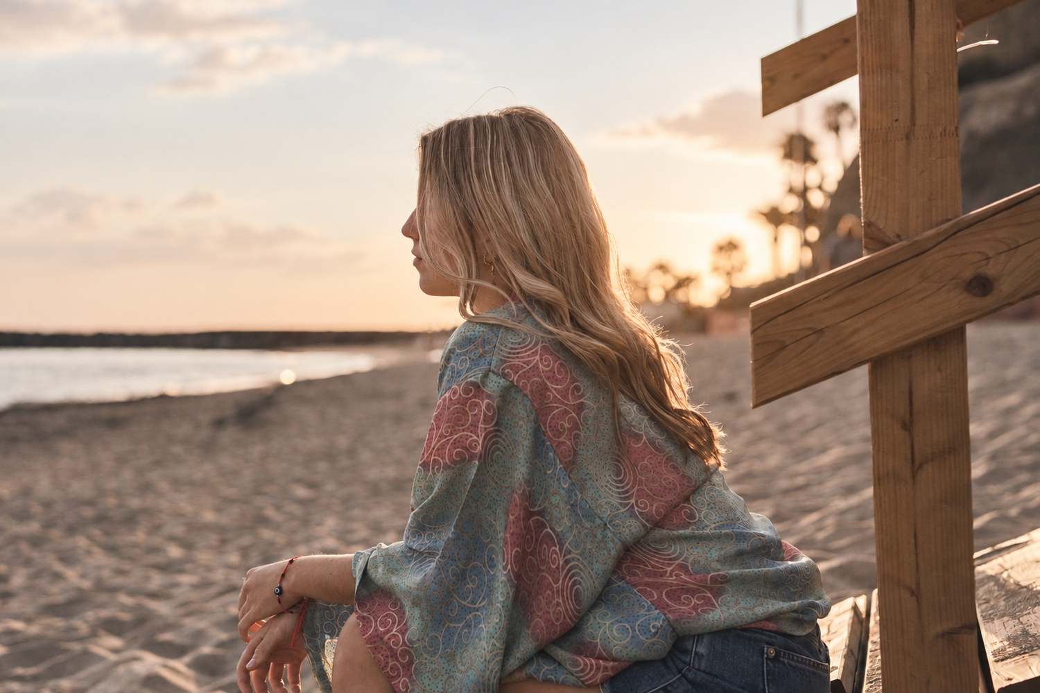 A woman pausing by the beach in soft afternoon light