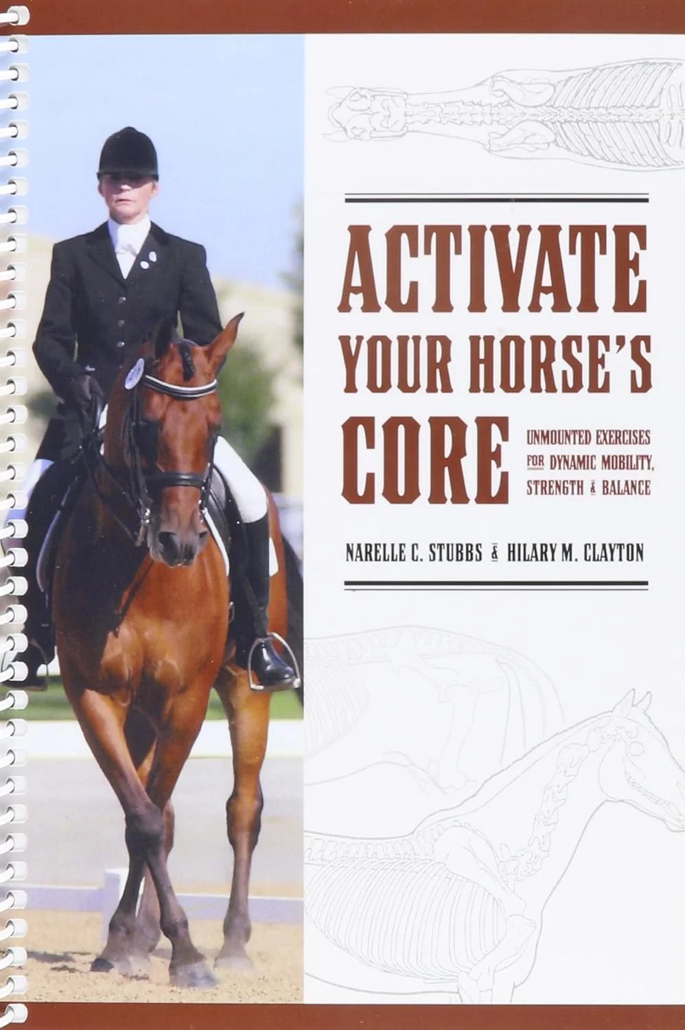 Book cover titled 'Activate Your Horse's Core' showing a rider in black riding attire on a brown horse, with a skeleton diagram of a horse in the background.