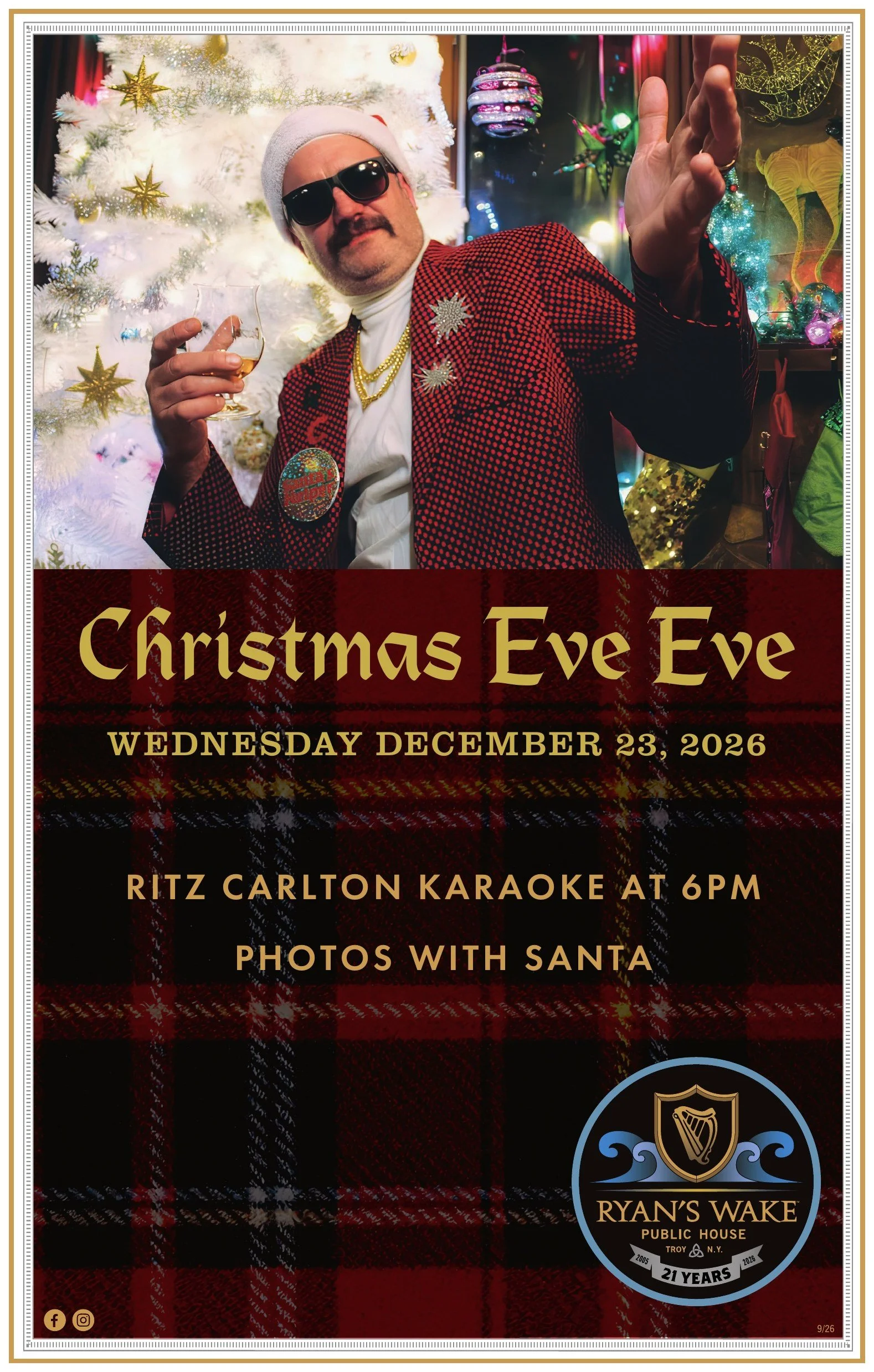 Christmas Eve Eve poster for Ryan's Wake Public House, Troy, NY: Wednesday, December 23, 2026, Ritz Carlton Karaoke at 6pm and photos with Santa.
