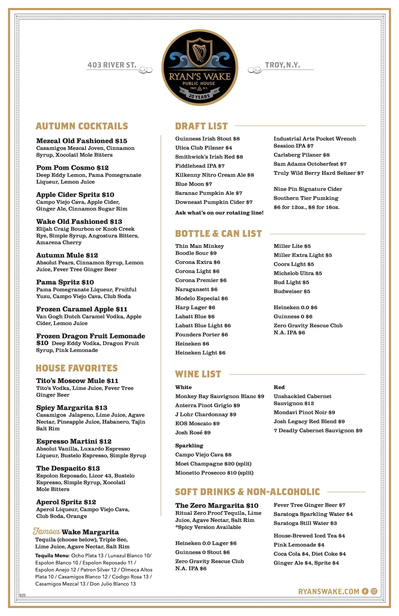 A menu from Ryan's Wake Public House in Troy, NY, featuring sections for cocktails, house favorites, draft list, bottle and can list, wine list, and soft drinks and non-alcoholic beverages, with various drink options and prices.