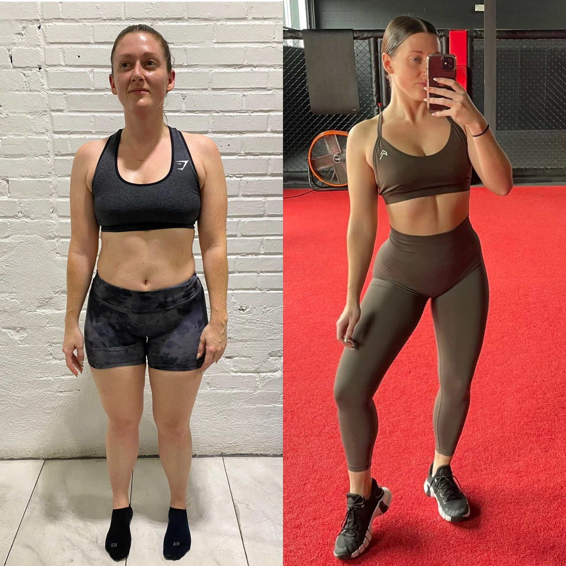 Client before and after body transformation through Grow With O fitness coaching, showing visible fat loss, improved posture, and muscle tone.