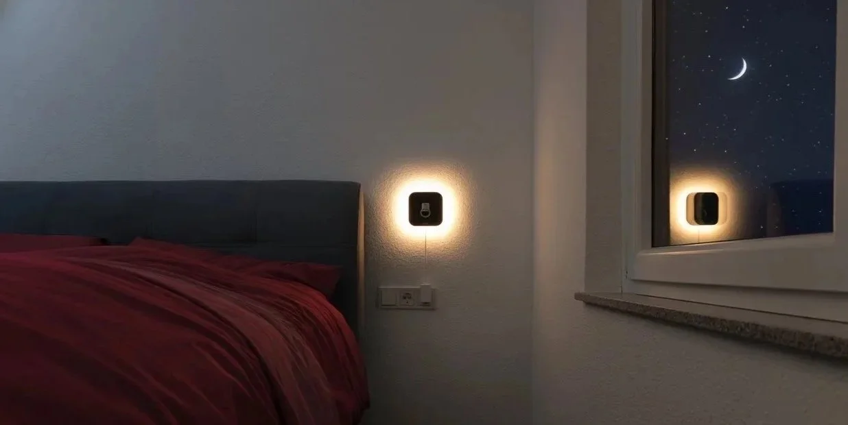 A bedroom with a dark headboard, a red bedspread, a wall-mounted bedside light turned on, a power outlet, and a window showing a night sky with a crescent moon and stars.