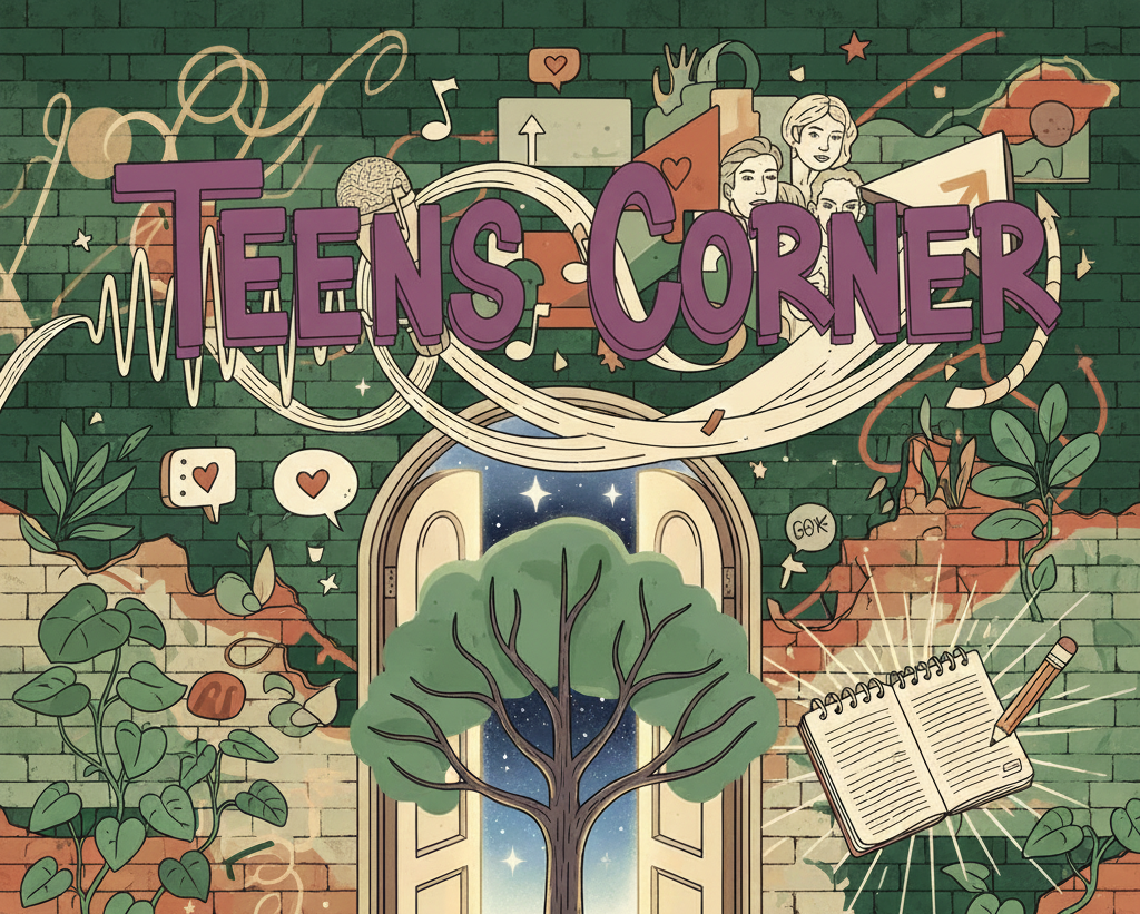 Colorful illustration of a creative space called 'Teens Corner' with a brick wall, green plants, an open window revealing stars and sky, a tree, and various doodles like people, music notes, and a notebook with a pencil.