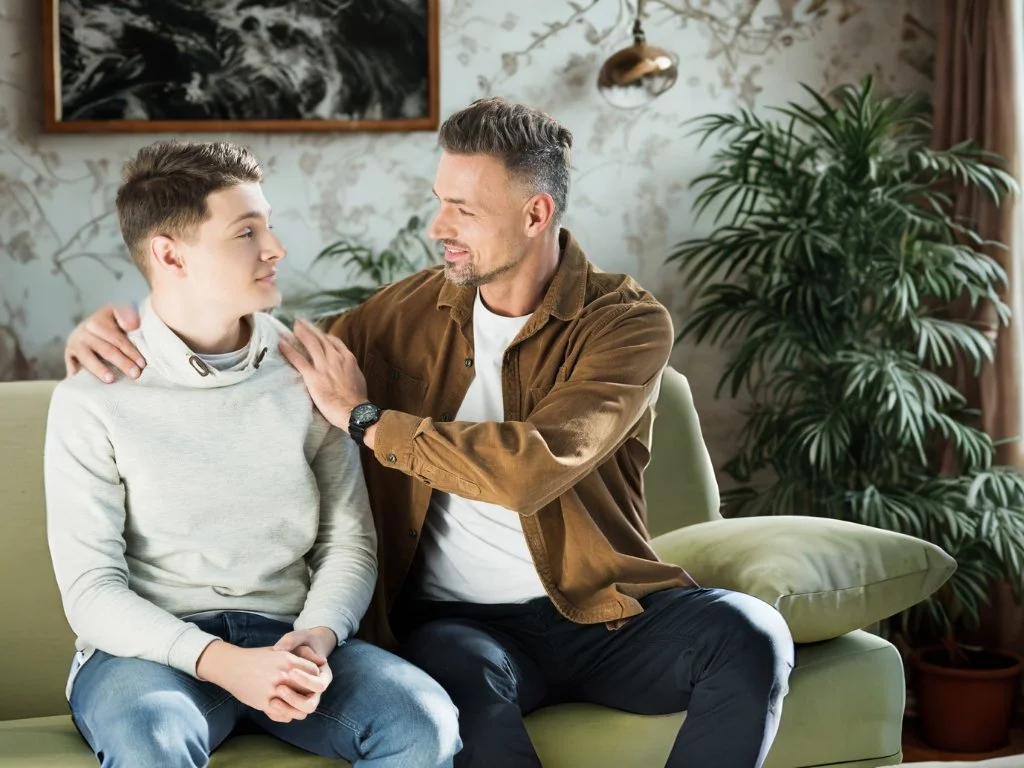 A father and son connecting and communicating. as they sit in a living room. Parent connecting emotionally, behaviorally, and verbally