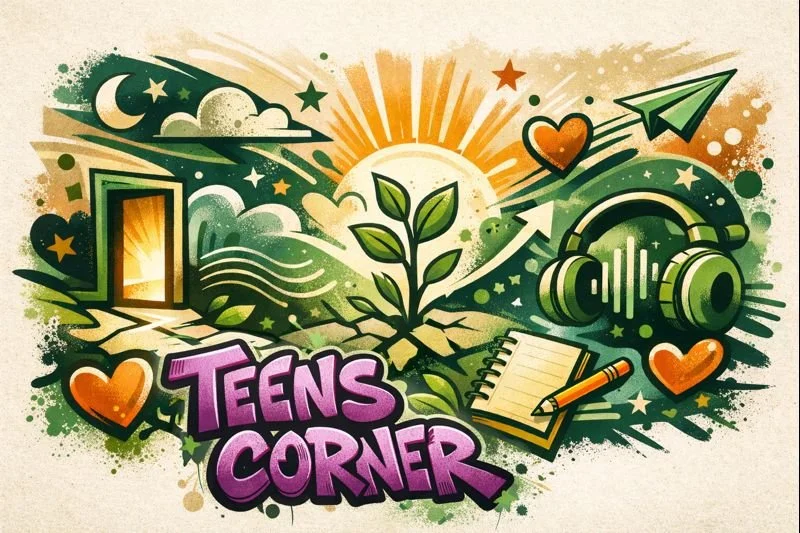 Colorful illustration for teens featuring a plant sprouting, sunset, clouds, moon, stars, a door, headphones, paper, and a pencil, with the text 'Teens Corner' in purple and pink.