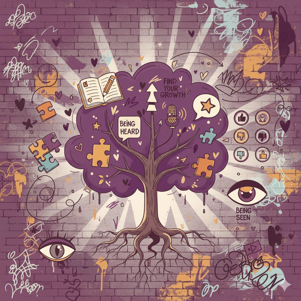 A colorful graffiti-style mural of a tree with purple leaves on a brick wall. The tree has branches with icons and phrases like 'find your growth,' 'being heard,' and 'being seen', representing fun and engagement for teens.