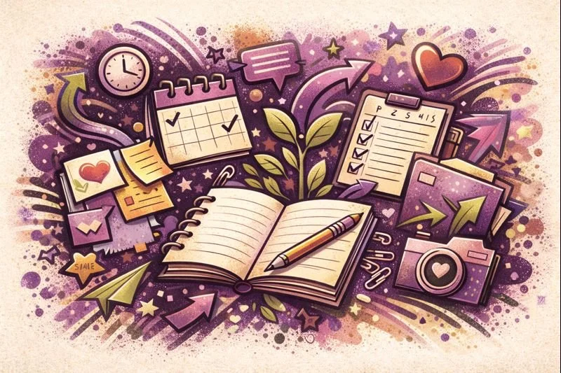 Colorful illustration of a notebook with a pen, surrounded by calendar, checklist, photos, arrows, hearts, and stars, symbolizing resources, support, planning and creativity.