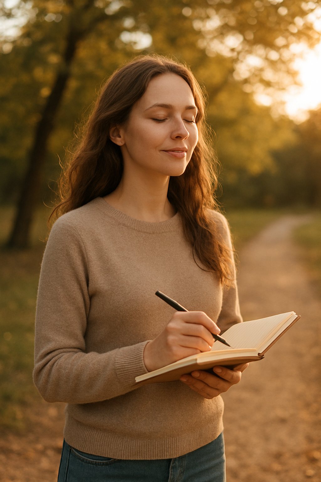 A woman with long brown hair, wearing a beige sweater, stands outdoors in a park during sunset, smiling softly while writing in a notebook. Reflecting on her personal growth and progress as a mother.