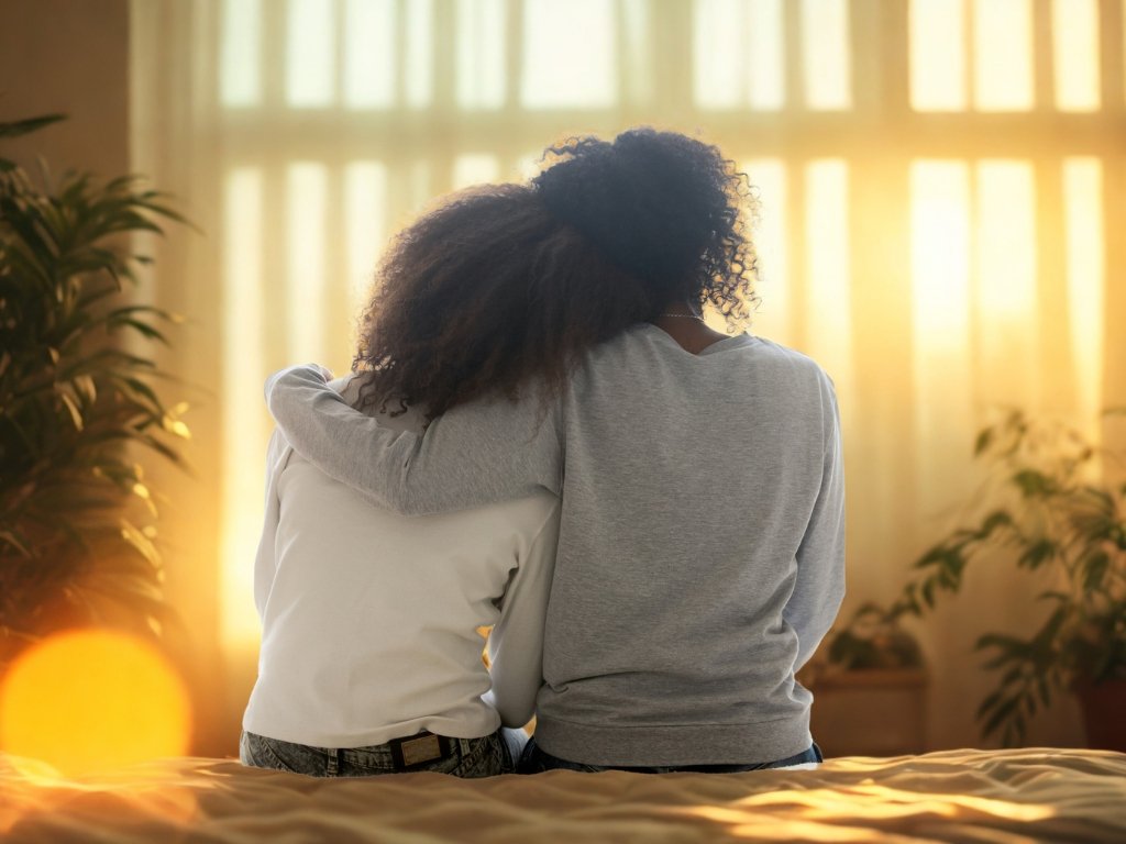 Two women sitting closely on a bed embracing and looking at sunlight streaming through curtains in a cozy room with plants.
