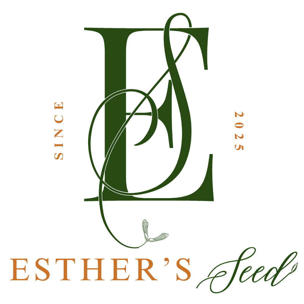 A logo with a large green letter 'E' and scripts 'E' intertwined with a smaller green leaf. Text on the left says 'S ince' in orange, and on the right '2025' in orange. At the bottom, it says 'ESTHER'S' in orange and 'seed' in green cursive.