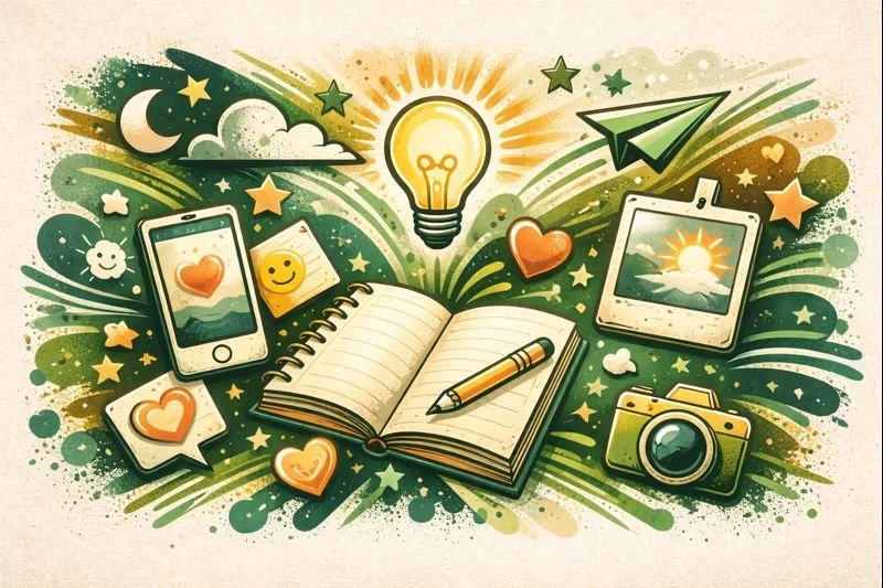 Illustration of a notebook with a pen, surrounded by a smartphone, camera, polaroid photos, a paper airplane, a lightbulb, a heart, clouds, stars, and a moon, representing creativity, inspiration and imagination.