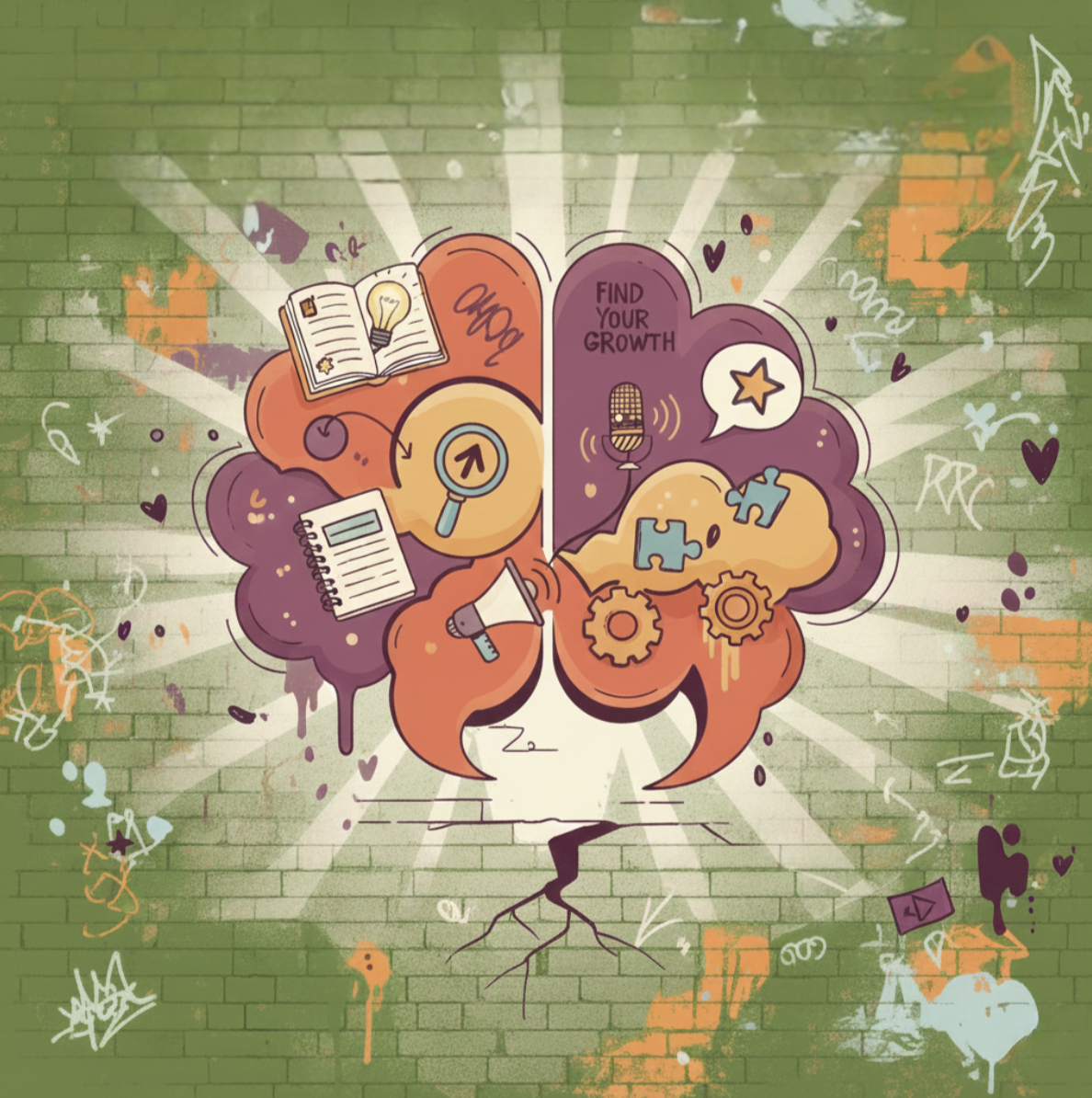 Colorful graffiti artwork of a brain with various icons and symbols representing tips, tools, ideas, growth, and creativity, on a green brick wall background.
