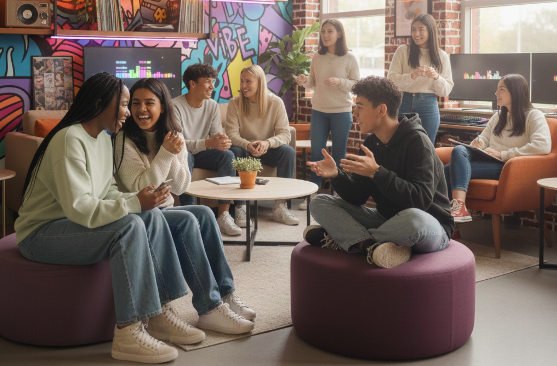 Group of young people socializing in a colorful, modern lounge with graffiti wall art, using computers, sitting on couches and poufs, laughing, talking, and engaging in conversation.
