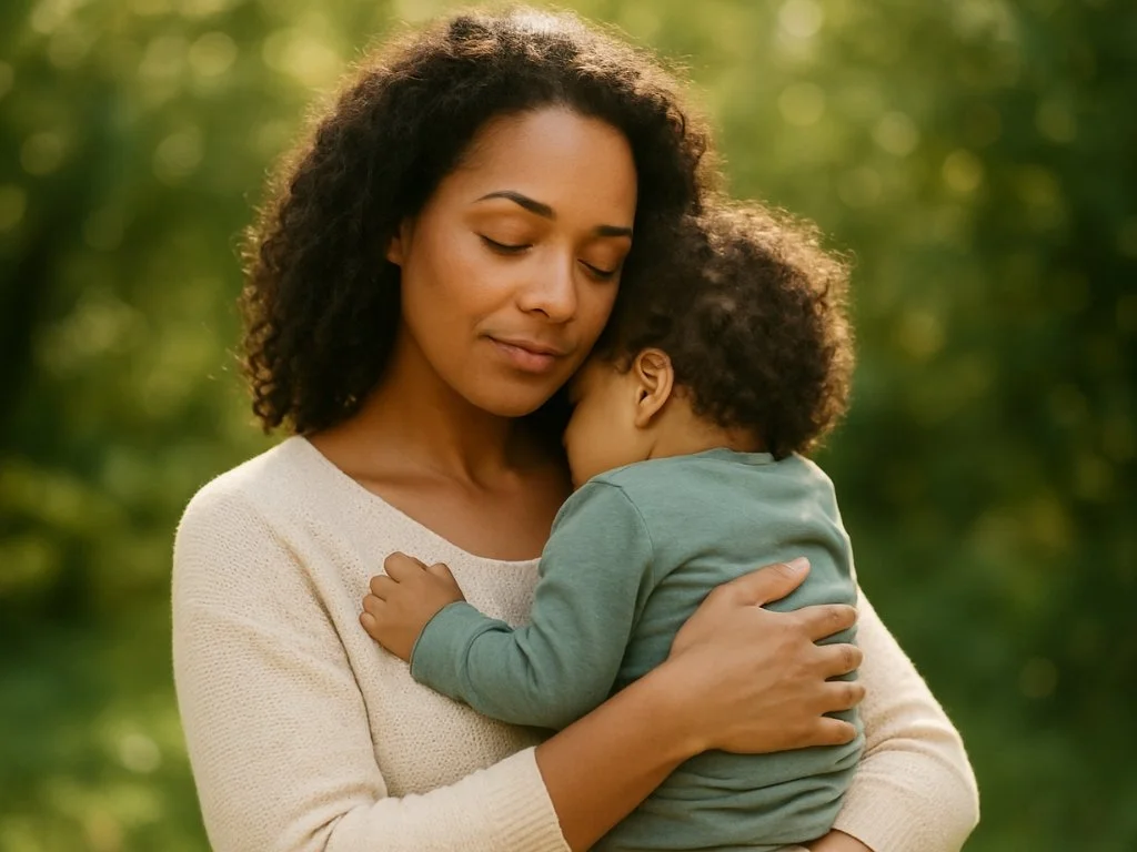 A nurturing mother holding a young child close to her chest outdoors. Symbolizing her confidence and resilience grounded in her parenting journey.