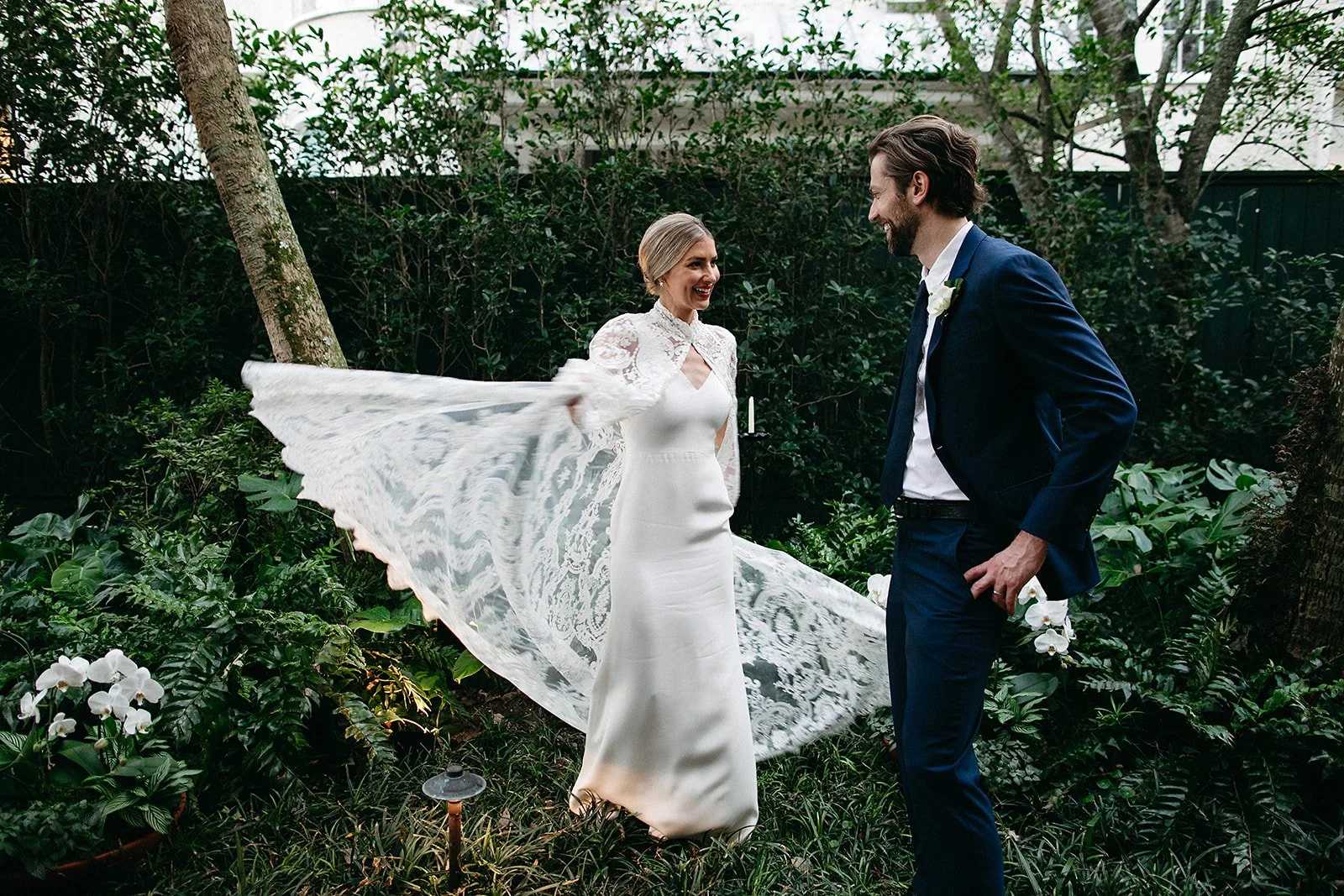 Bride during wedding day first look in garden at Audubon Park, New Orleans