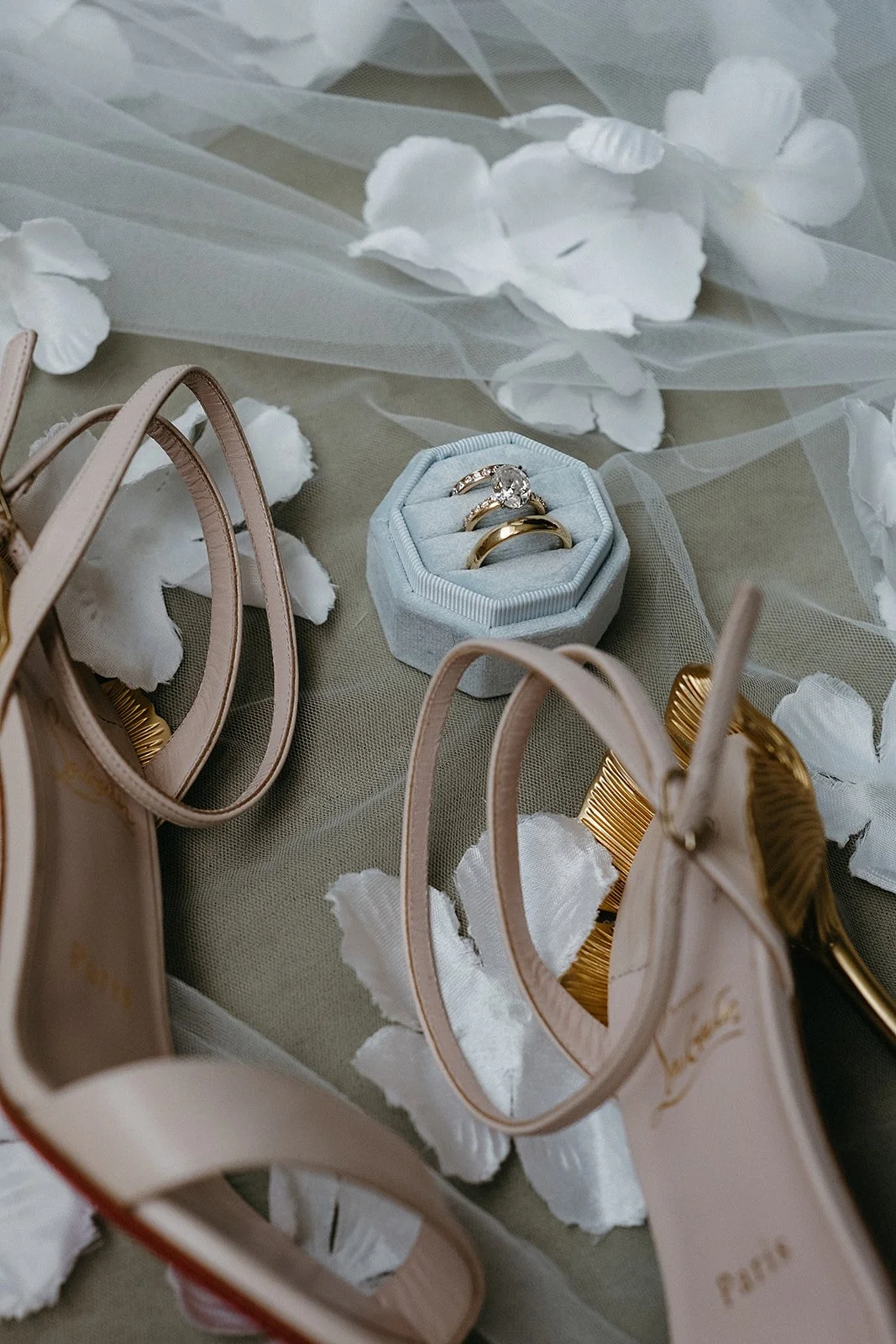 Ring, shoe and veil detail photos from wedding day in New Orleans