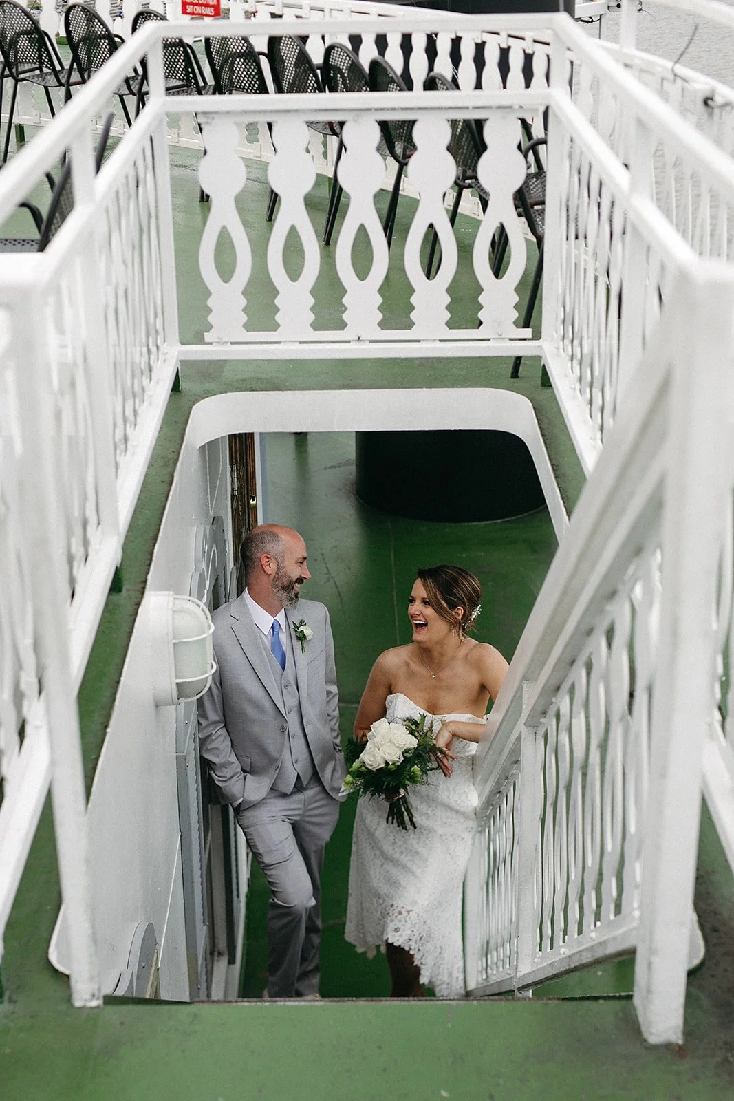Bride and groom portraits on the Steamboat NATCHEZ on the Mississippi river, New Orleans