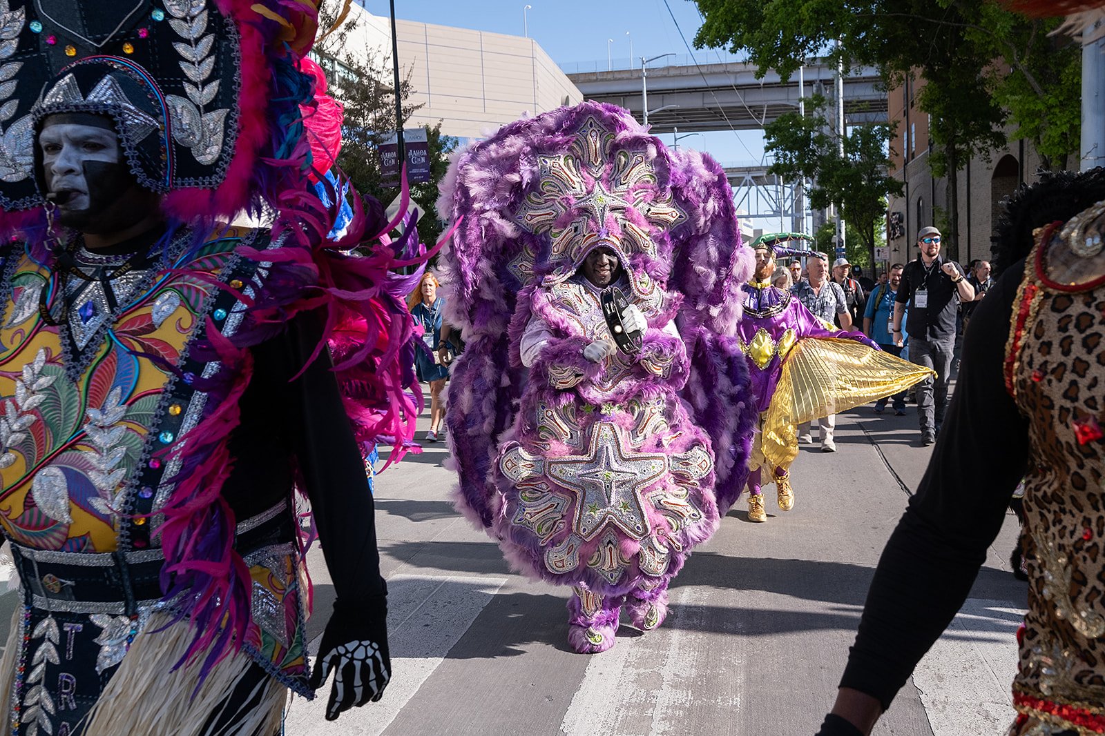 Mardi Gras Indians during a Second Line at the New Orleans Convention Center for corporate convention.