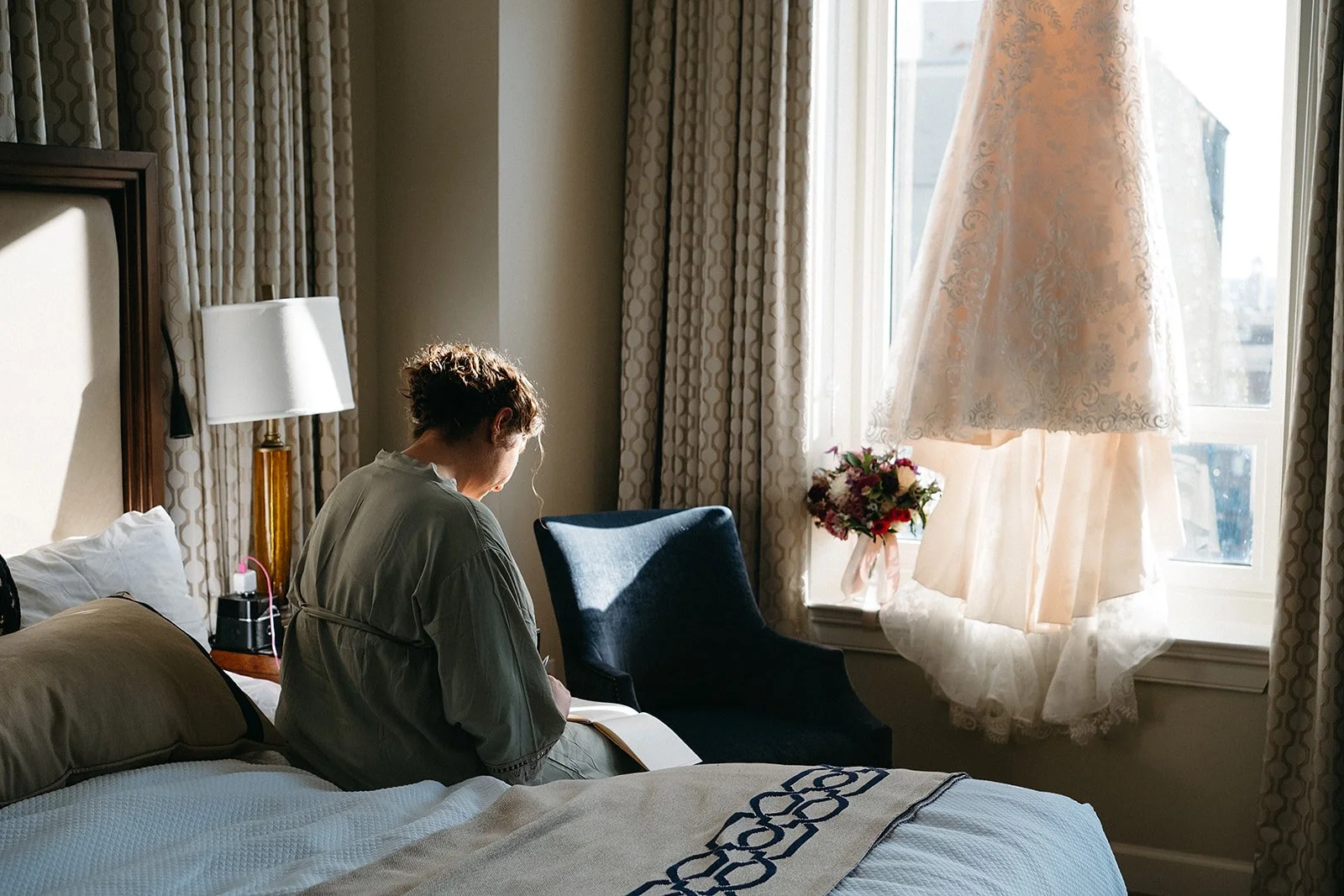 New Orleans bride working on her wedding vows in the French Quarter.