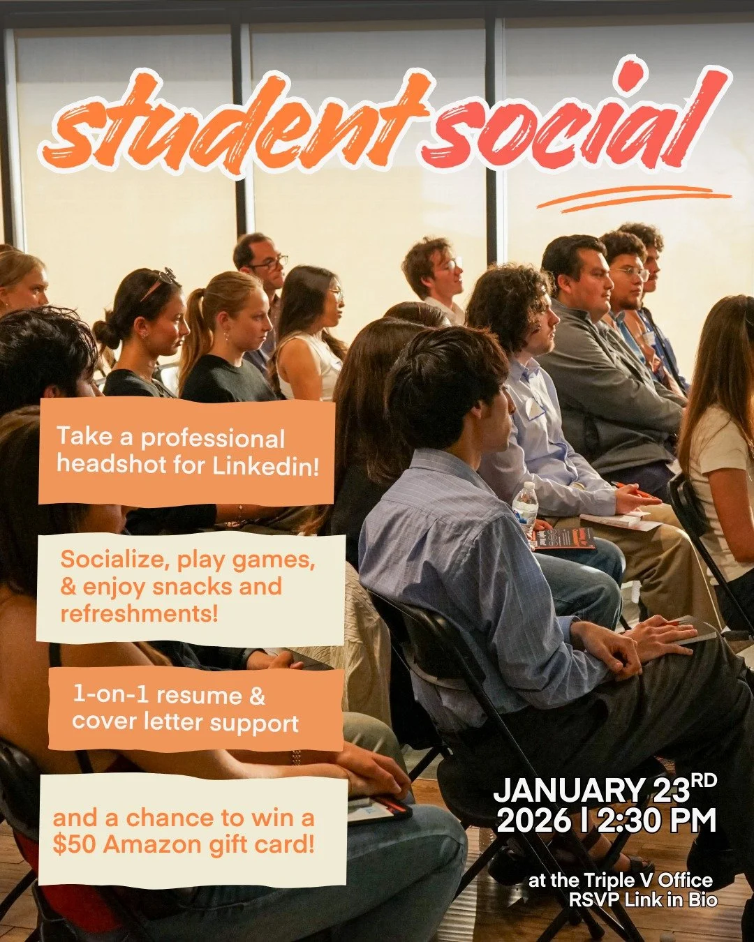 We&rsquo;re opening our doors to students at the Triple V office! 📸✨ Join us for free headshots, intro videos, resume and university application support, networking, and a chance to win many gift cards.