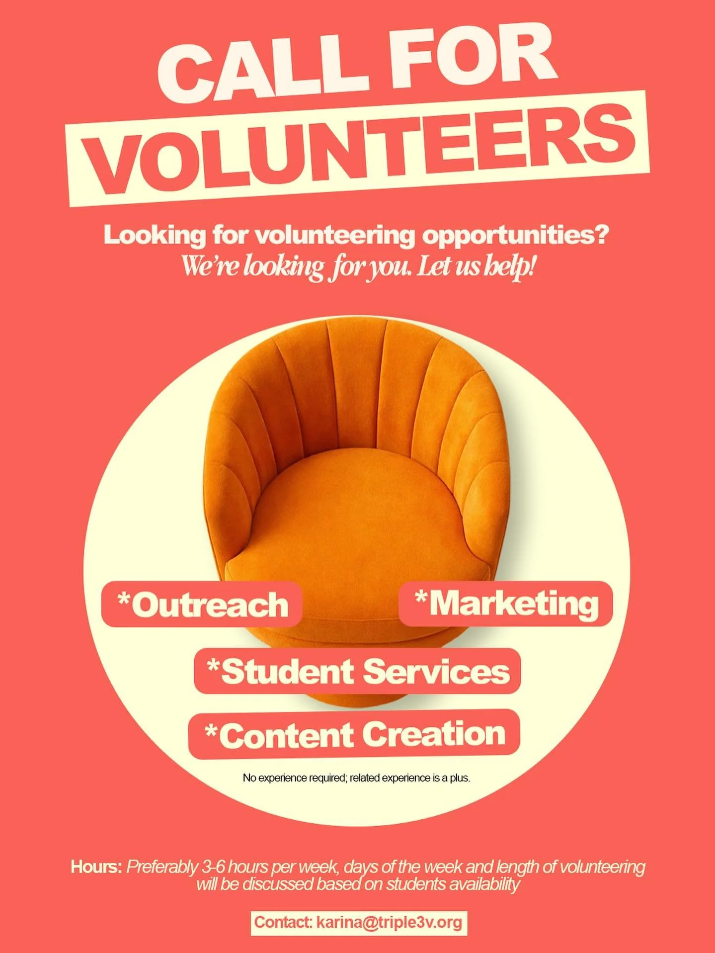 Would you like to be part of the Triple V team? 🤝

Come volunteer with us! We&rsquo;re looking for students ages 18+ for marketing and student engagement volunteers to help make an impact.

💬 DM us or email the contact listed above if you&rsquo;re 