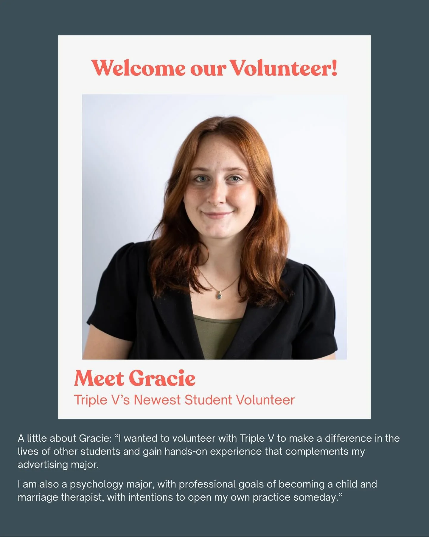 Please welcome our newest Student Engagement &amp; Marketing volunteer Gracie! 🥳🧡