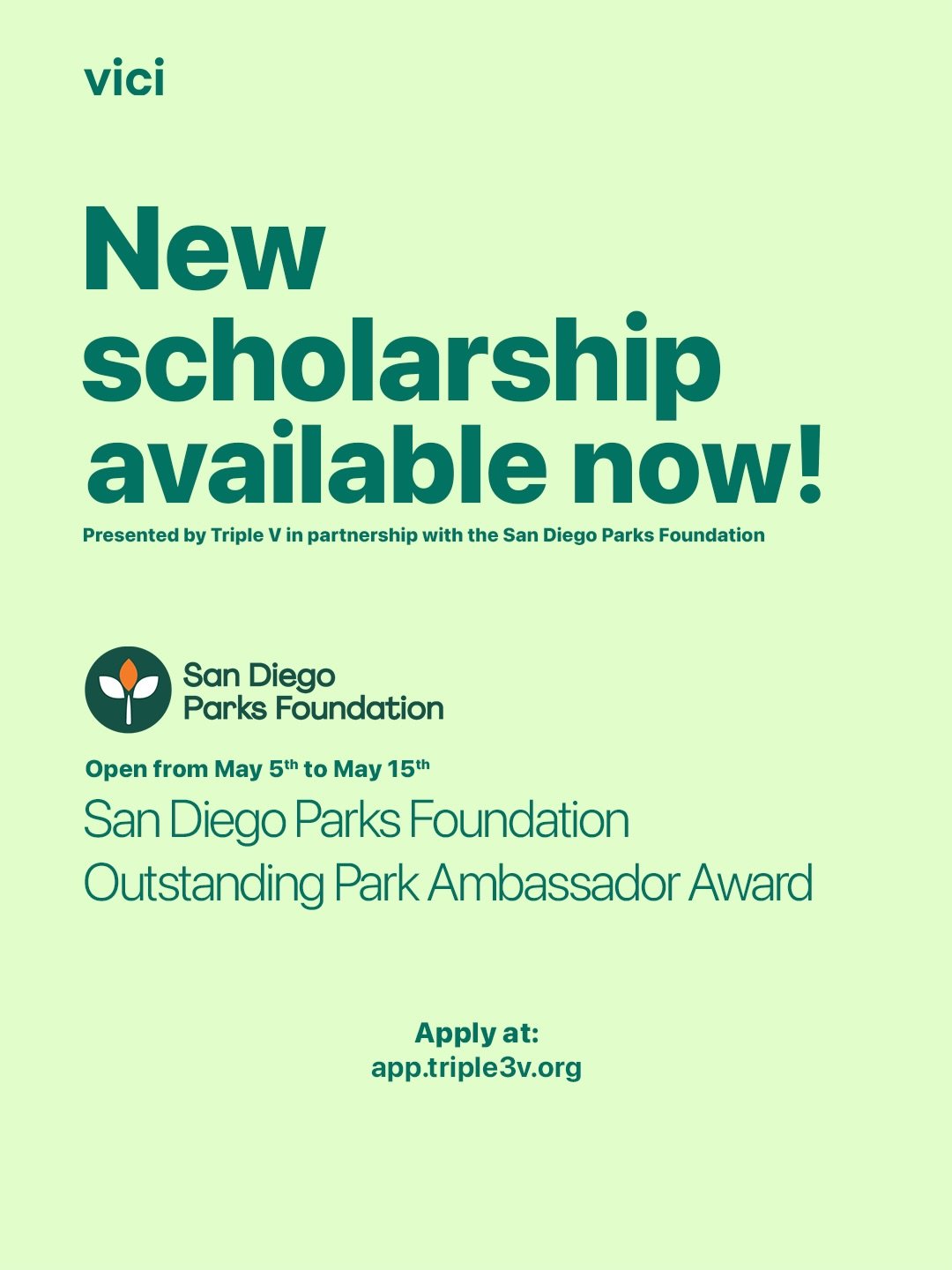 New scholarship opportunity for San Diego Parks Foundation Park Ambassadors 🌱

If you&rsquo;ve been serving your community through a City of San Diego recreation center, this is your chance to get recognized for it and get support for your education