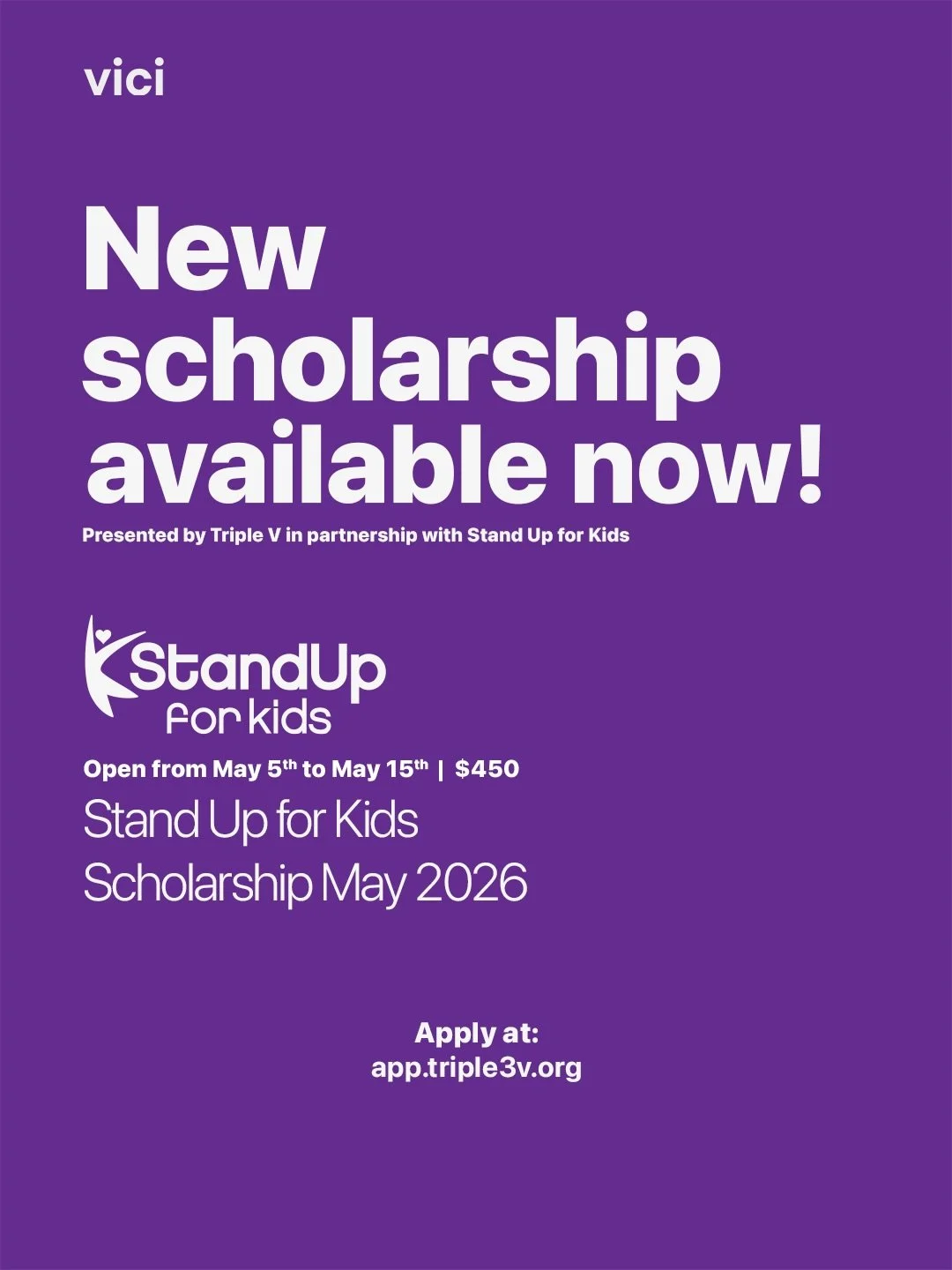 📣MAY SCHOLARSHIP HIGHLIGHT📣

One of many scholarship opportunities dropping this month!

Today&rsquo;s spotlight: the Stand Up for Kids scholarship💰

💸$450 Scholarship
🗓️Open May 5th-15th

Requirements:
☑️Must have participated in Stand Up for K