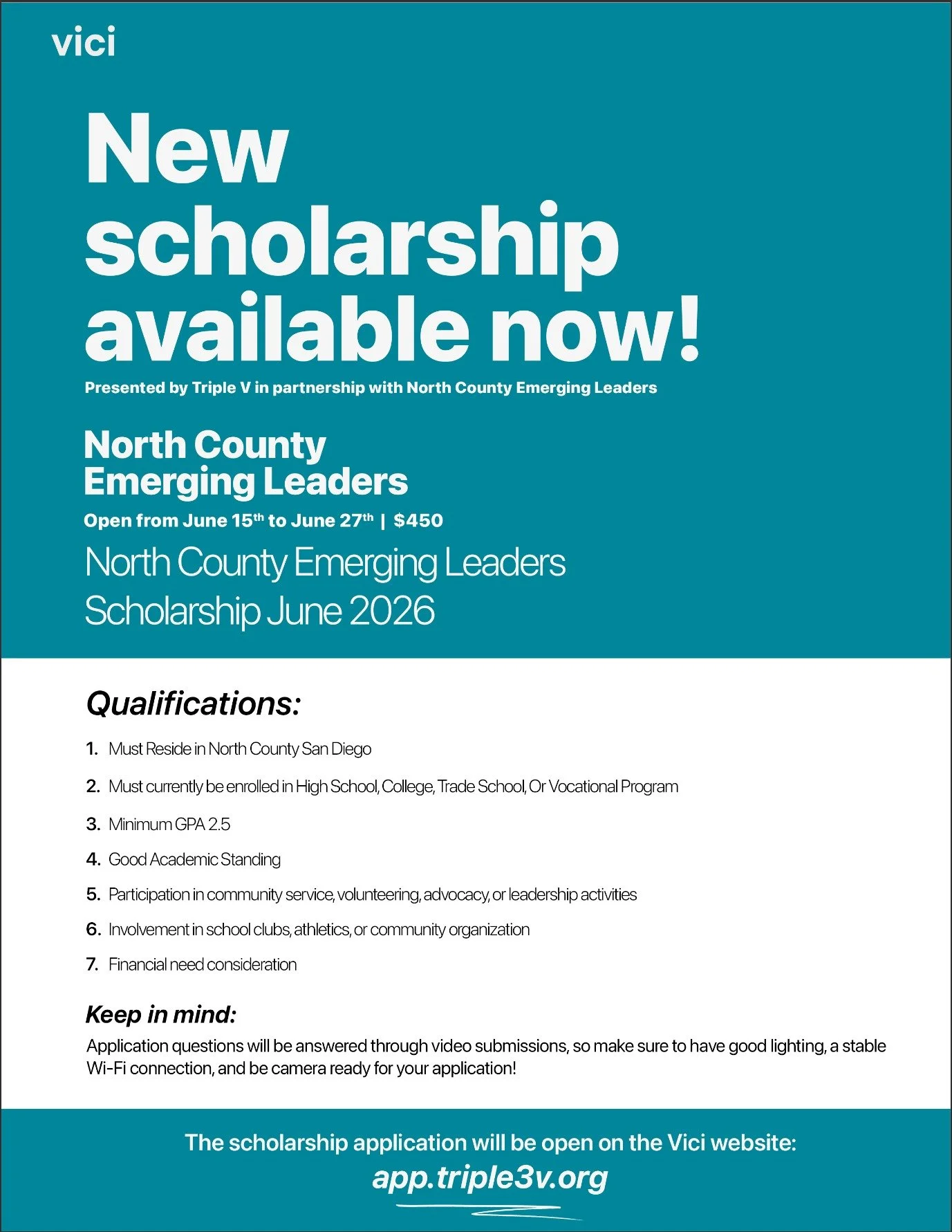 📣JUNE SCHOLARSHIP HIGHLIGHT📣

One of many scholarship opportunities dropping this month!

Today&rsquo;s spotlight: North County Emerging Leaders💰

💸$450 Scholarship
🗓️Open June 5th-27th

Don&rsquo;t miss the deadline! Applications are only open 