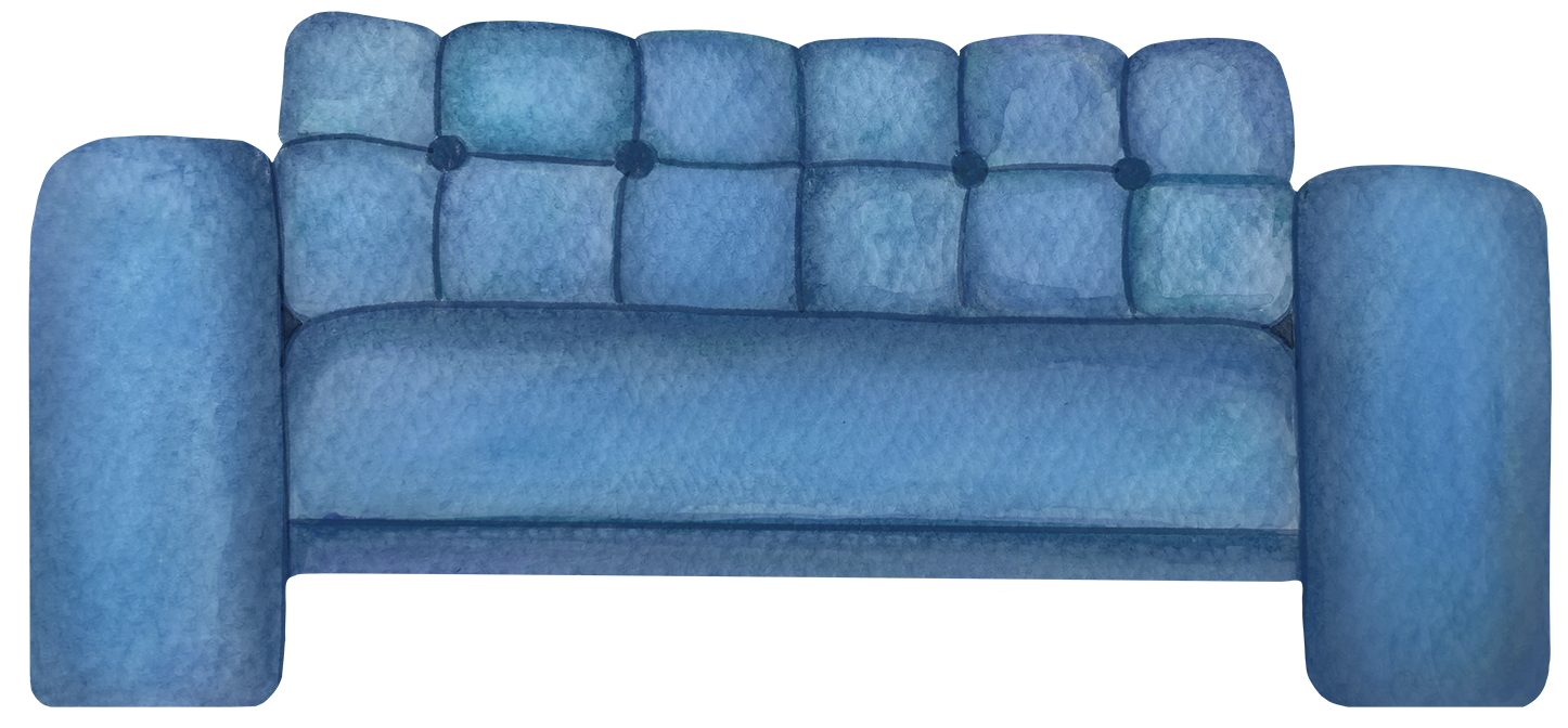 A blue upholstered sofa with rounded armrests and a tufted backrest.