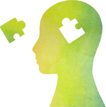 Silhouette of a woman's head with a puzzle piece inside the brain area.