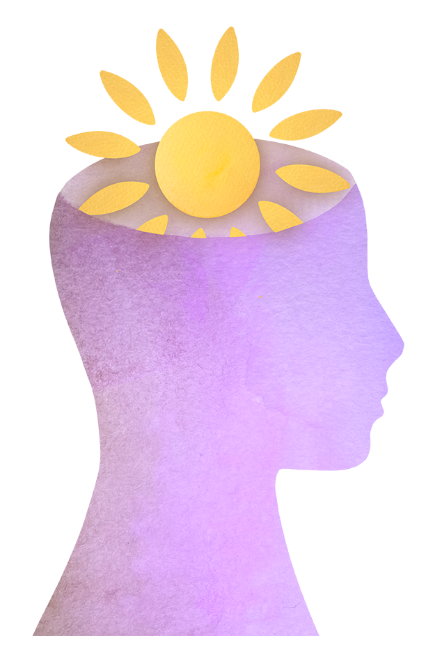 The outline of purple a head, featuring a yellow spherical sun ornament and yellow petals on top.