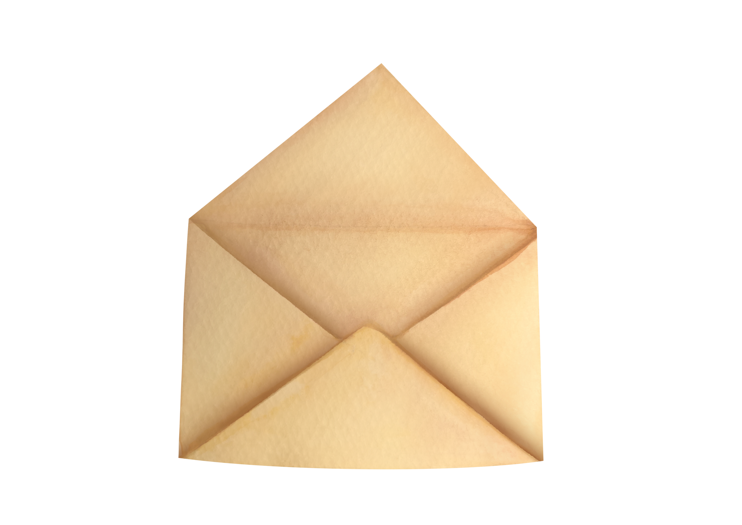 A beige envelope with its flap open, resting on a white background.